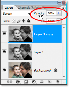 Lowering the opacity of the layer to 50% after changing its blend mode to 'Screen'.