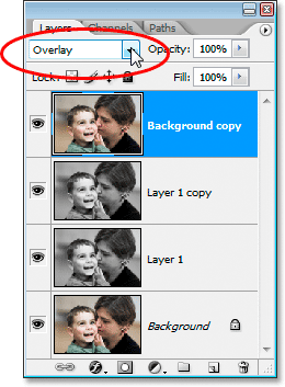 Changing the blend mode of the 'Background copy' layer to 'Overlay'.