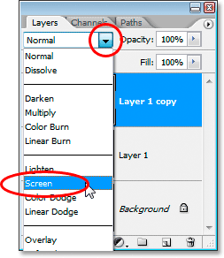 Changing the layer blend mode of 'Layer 1 copy' from 'Normal' to 'Screen'.