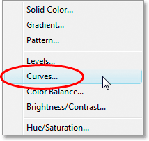 Selecting 'Curves' from the list of Adjustment Layers.