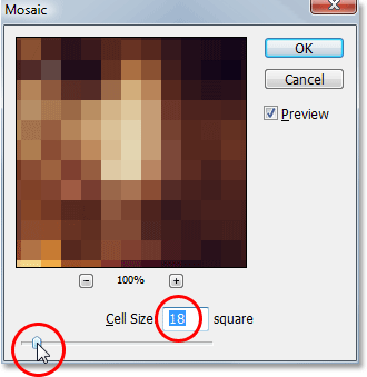 The Mosaic filter dialog box in Photoshop.