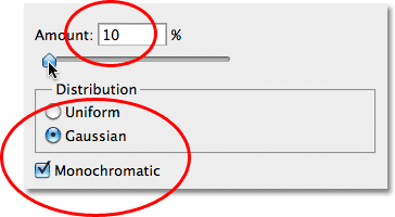 The Add Noise filter dialog box in Photoshop.