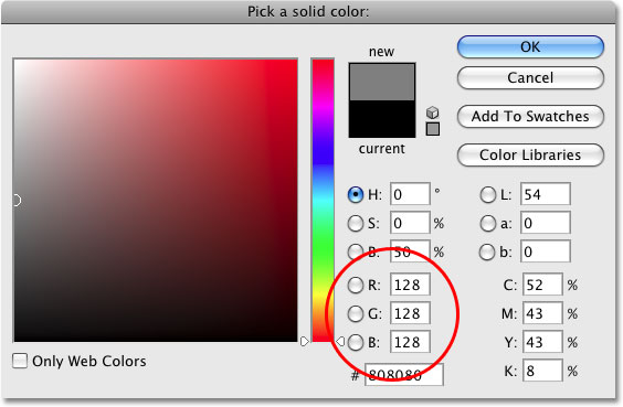 Choosing a neutral gray color in the Color Picker in Photoshop.