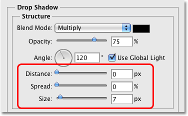  Ajuste de las opciones para el estilo de capa de sombra paralela en Photoshop.