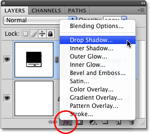 Adding a drop shadow layer style in Photoshop.