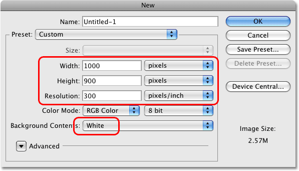 The New Document dialog box in Photoshop.