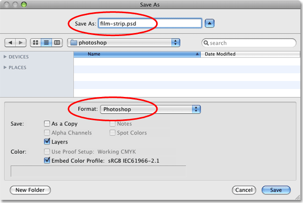 Saving the film strip as a Photoshop file.
