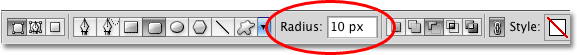 Setting the Radius value for the Rounded Rectangle Tool in the Options Bar.