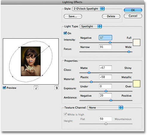 Photoshop's Lighting Effects filter dialog box. Image © 2009 Photoshop Essentials.com.