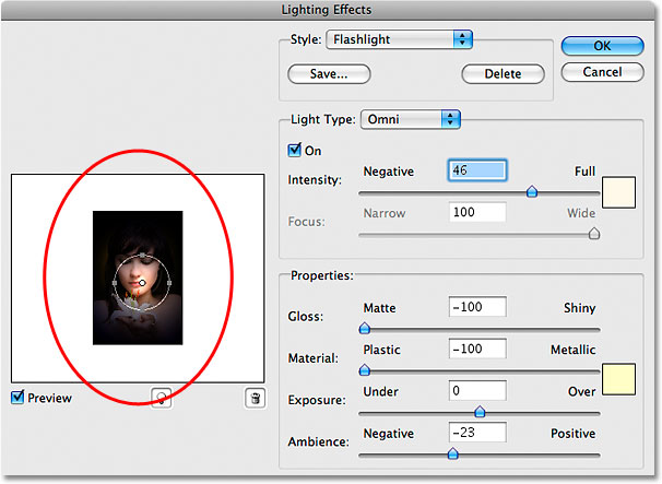 The preview window of the Lighting Effects filter dialog box. Image © 2009 Photoshop Essentials.com