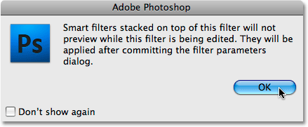 A warning box for Smart Filters in Photoshop.