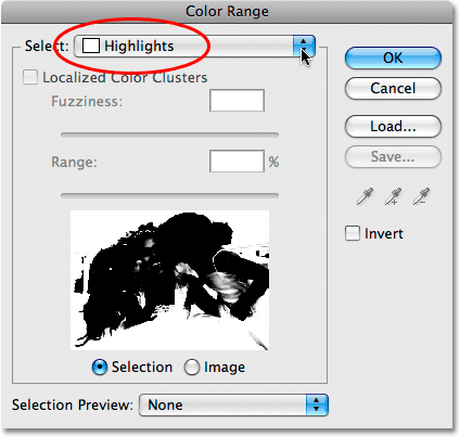 Selecting the highlights with the Color Range command in Photoshop.