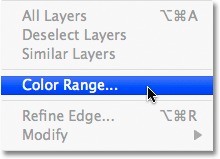 Selecting the Color Range command in Photoshop.