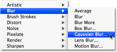 Selecting the Gaussian Blur filter in Photoshop.