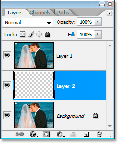 Photoshop's Layers palette showing the new blank layer.