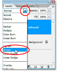 Selecting the Screen blend mode in Photoshop's Layers palette