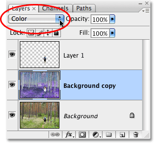 Changing the blend mode of the layer to Color. Image © 2009 Photoshop Essentials.com.