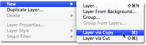 Selecting the New Layer via Copy command in Photoshop. Image © 2009 Photoshop Essentials.com.