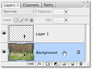 Selecting the Background layer in the Layers palette. Image © 2009 Photoshop Essentials.com.