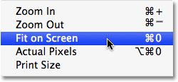تحديد خيار Fit on Screen في Photoshop.  صورة © 2008 Photoshop Essentials.com.