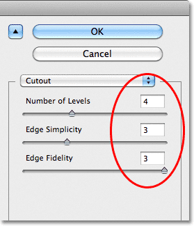 Photoshop Cutout filter options.