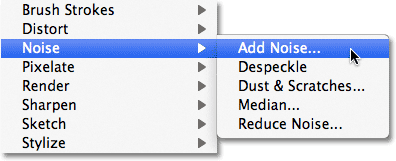 Selecting the Add Noise filter in Photoshop.