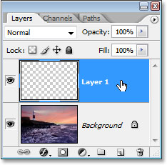 الطبقة الجديدة ، "Layer 1" ، فوق طبقة الخلفية في لوحة Layers في Photoshop