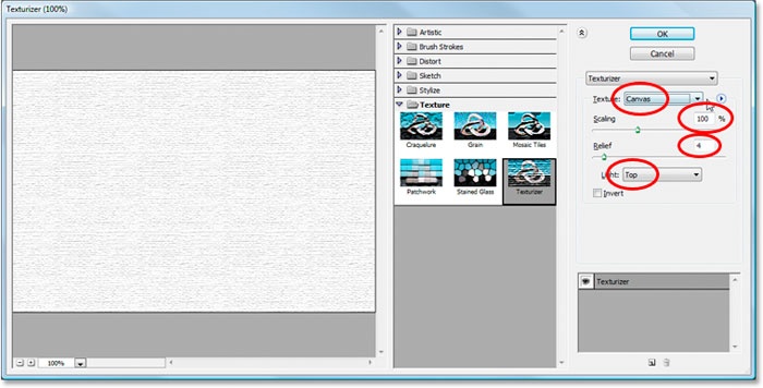 The Filter Gallery displaying the Texturizer filter options