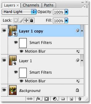 A copy of 'Layer 1' is added in the Layers palette in Photoshop CS3. Image © 2009 Photoshop Essentials.com.