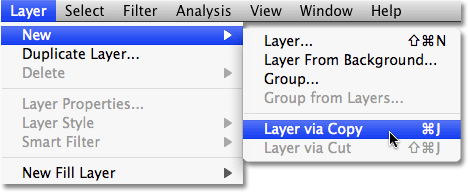 Choosing New Layer via Copy from the Menu Bar in Photoshop CS3. Image © 2009 Photoshop Essentials.com.