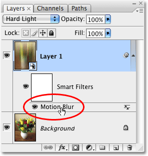 The Motion Blur Smart Filter listed in the Layers palette in Photoshop CS3. Image © 2009 Photoshop Essentials.com.