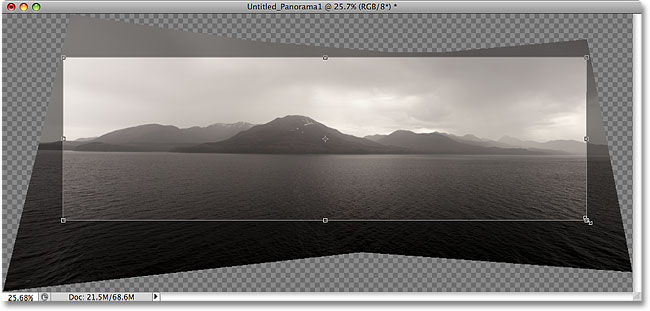 Cropping the panoramic image with the Crop Tool in Photoshop CS4.