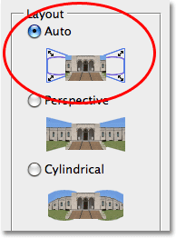 خيارات Layout في شاشة Photomerge في Photoshop CS4.