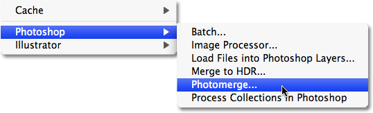 Selecting the Photomerge command from inside Adobe Bridge CS4.