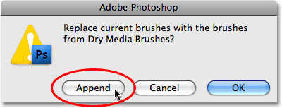 Appending the new brush set to the end of the currently loaded brush set.