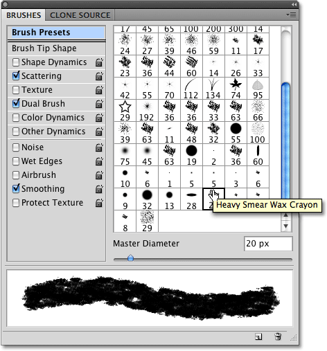 Choosing a brush from the Dry Media Brushes set in Photoshop.