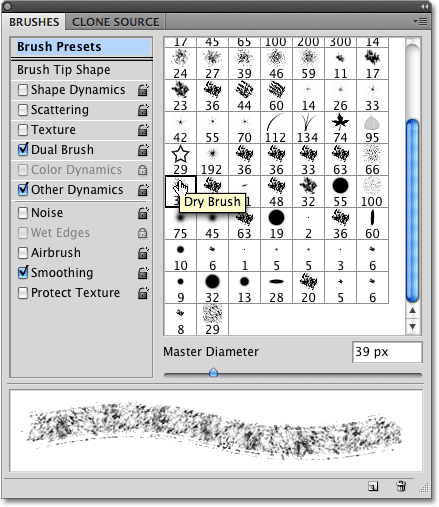 Choosing a brush to use with the Eraser Tool.