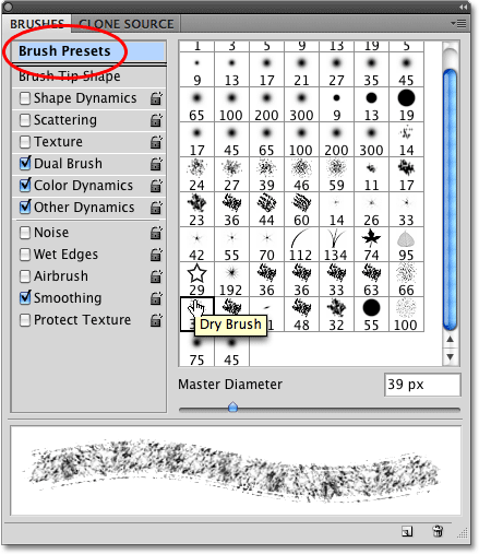 The Brushes panel in Photoshop.