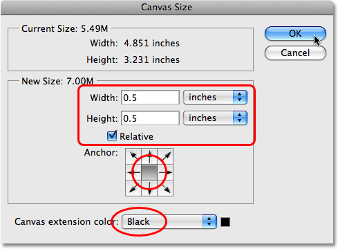 The Canvas Size dialog box in Photoshop.