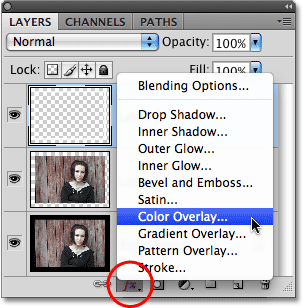 Choosing a Color Overlay Layer Style in Photoshop.