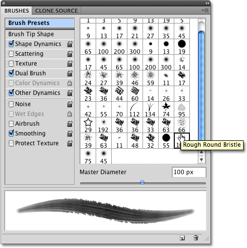 Choosing a different brush in the Brushes panel in Photoshop.