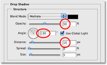 خيارات Drop Shadow في شاشة Layer Style في Photoshop.  صورة © 2008 Photoshop Essentials.com.