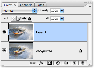 The Layers palette showing the Background layer with the copy of it above, named 'Layer 1'.  Image  © 2008 Photoshop Essentials.com.