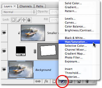 Selecting a Hue/Saturation adjustment layer in Photoshop. Image  © 2008 Photoshop Essentials.com.