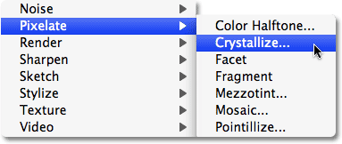 Selecting the Crystallize filter in Photoshop.