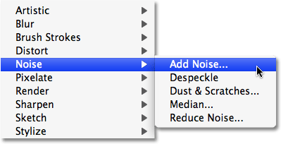 Selecting the Add Noise filter in Photoshop.