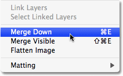 Selecting Merge Down to merge layers in Photoshop.