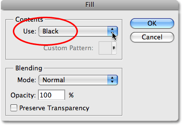 The Fill command dialog box in Photoshop.