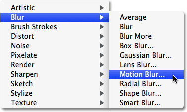 Selecting the Motion Blur filter in Photoshop.