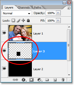 The thumbnail for Layer 3 showing the selected area now filled with black.